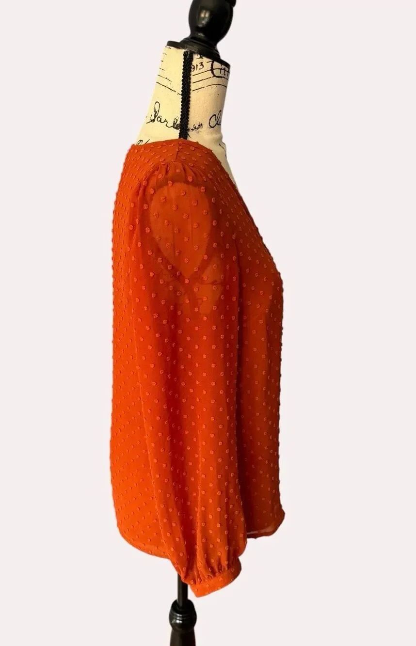 J.Crew Women's V-Neck Clip Dot Blouse Rust Orange Long Sleeve Top Size XS BU008 - Picture 2 of 9